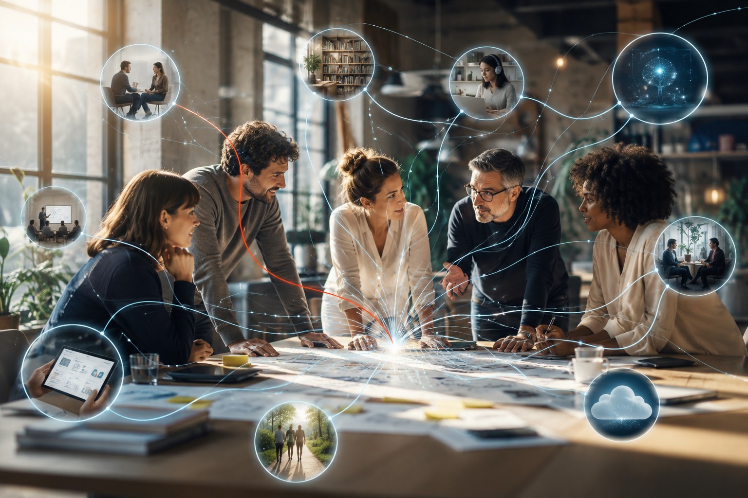 Une équipe en co-construction, entourée des ressources Coachline qui se connectent à la situation